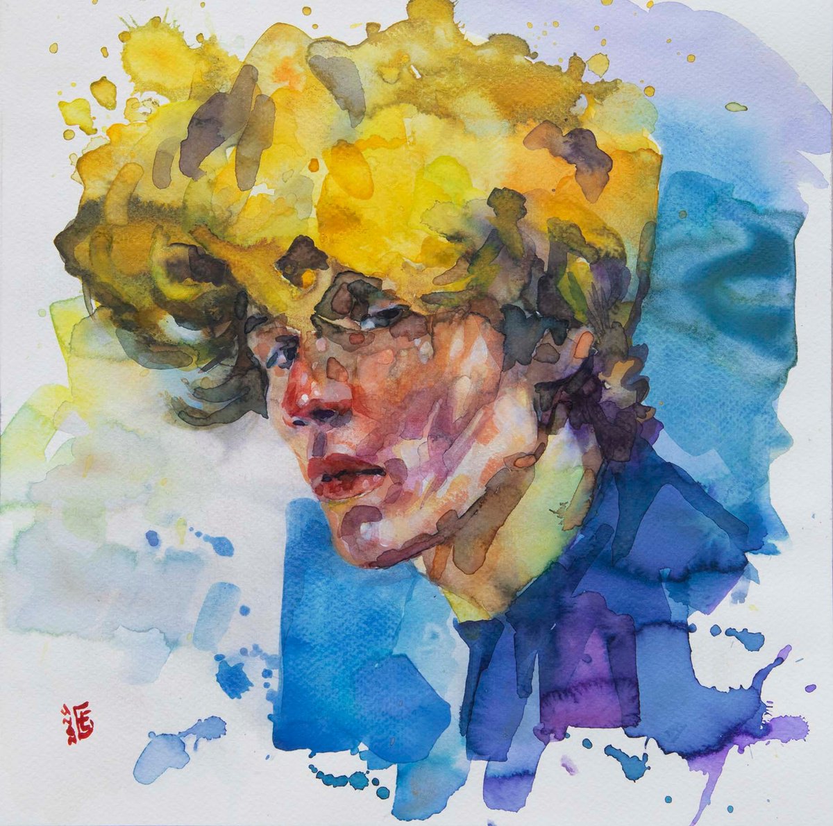 Impressionistic Portrait Watercolour By Kateryna Bortsova, 12 X 12", Watercolour Portrait Painting Of The Boy, Original Artwork