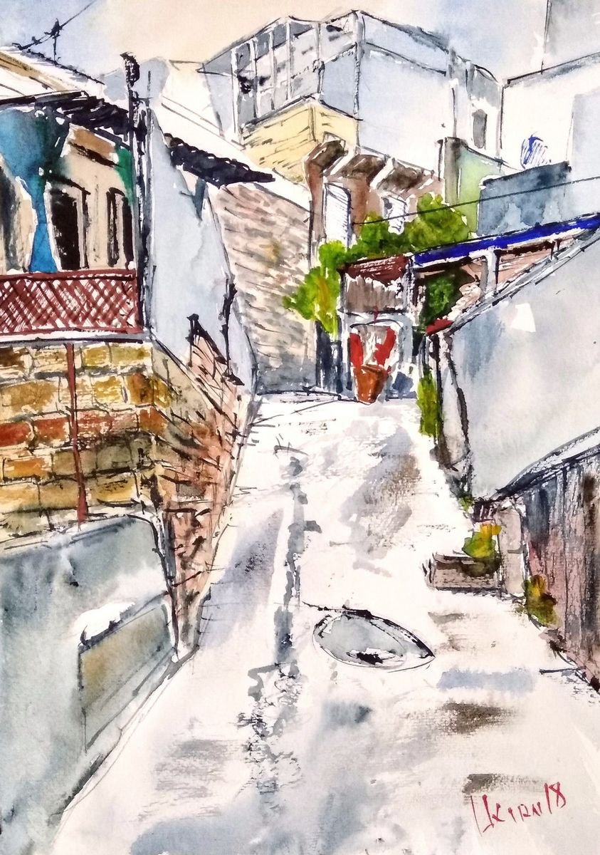 Impressionistic Cityscapes Watercolour By Leonid Kirnus, 10 X 14", The Interesting Yard, Original Artwork