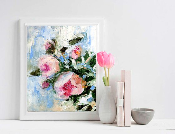 Floral Rose Painting Original Art Pink Flower Artwork Small Oil Wall Art