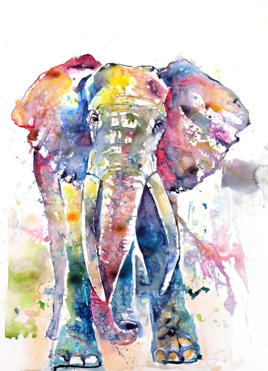 Impressionistic Watercolour , Big Elephant By Kovacs Anna Brigitta, 22 X 30, Artwork For Sale On Artfinder