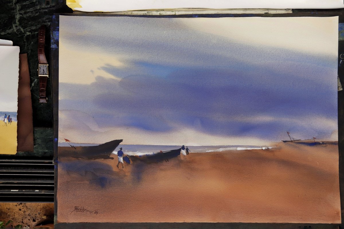 Impressionistic Landscape Watercolour By Prashant Prabhu, 30 X 22", Feelings Galore, On Seashore, Original Artwork