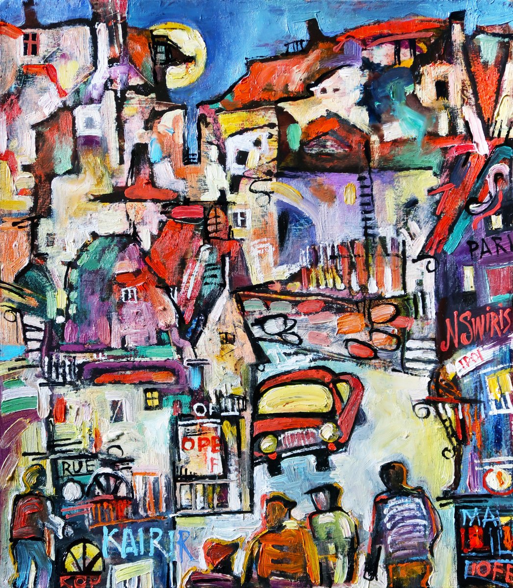 Impressionistic Cityscapes Oil Painting By Nikifor Swiristuhin, 14 X 16", Walking Under The Moon., Original Artwork