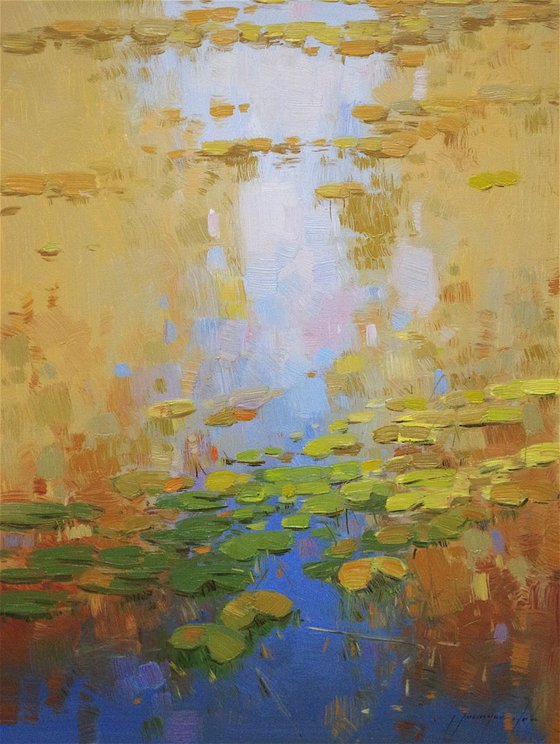Waterlilies Autumn, Original oil Painting, Impressionism, Handmade artwork by palette knife, One of a Kind, Signed with Certificate of Authenticity