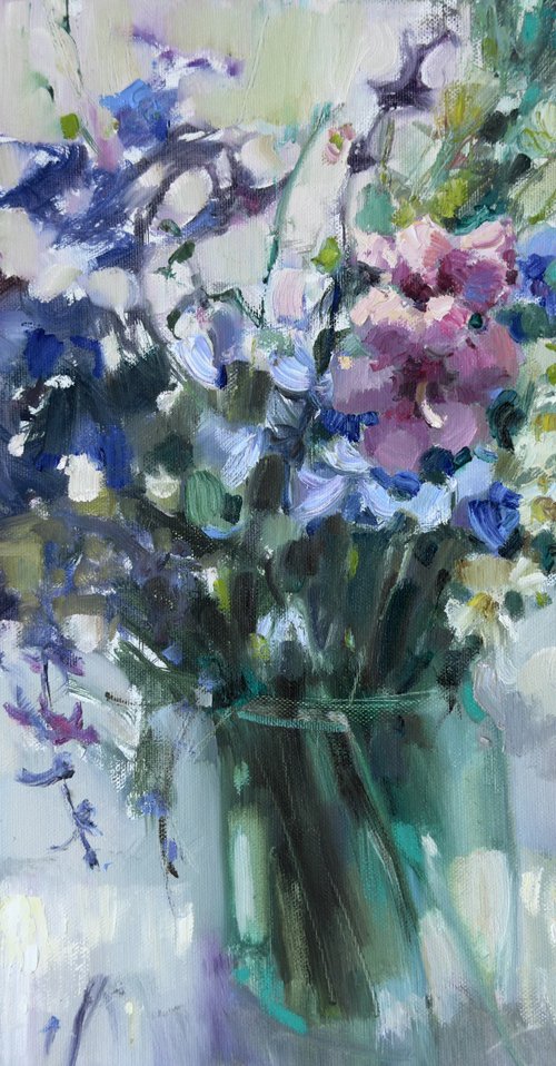 Blue wildflowers on window by Olha Laptieva