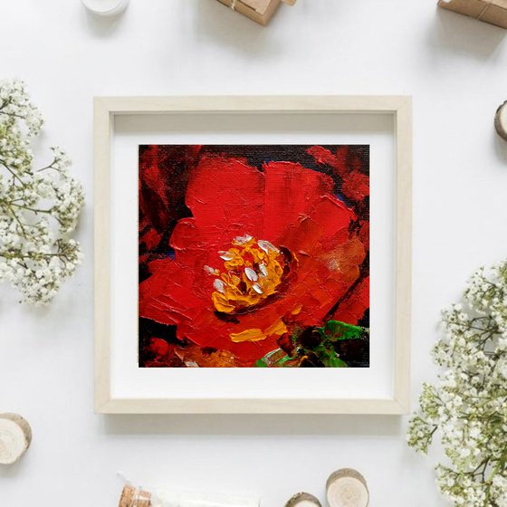 Red Floral Painting Small Original Art Flower Artwork Poppy Wall Art
