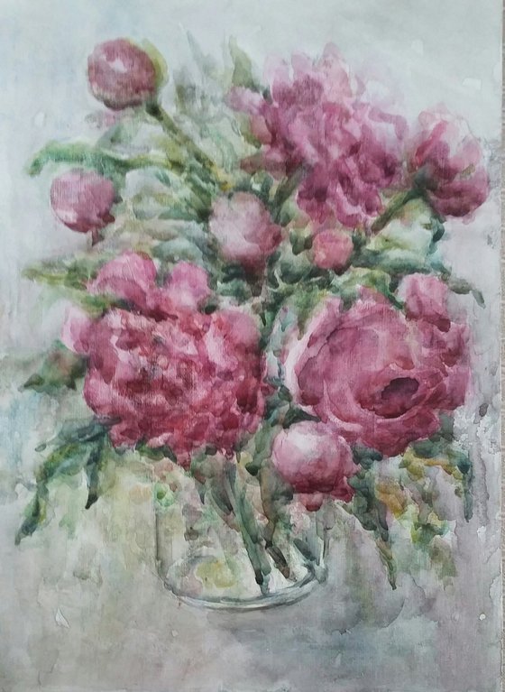 Bouquet of peonies. Original watercolour painting.