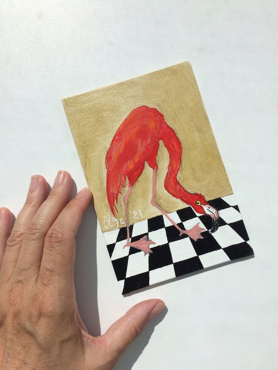 Bird portrait of a flamingo on a chessboard, gift idea for bird lover