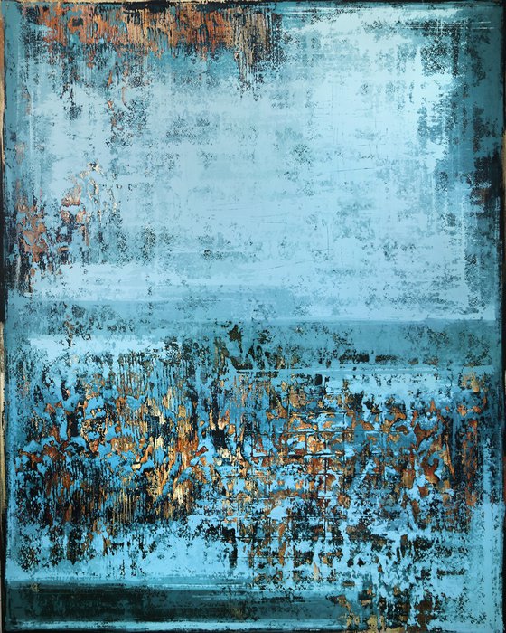 FRIMAIRE - 150 x 120 CM - TEXTURED ACRYLIC PAINTING ON CANVAS * BLUE * GOLD