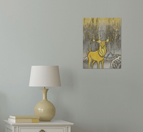 Golden deer, yellow deer on gray backgraund, gold leaf