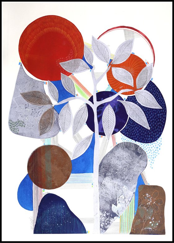 Silver tree, monoprint with mixed media