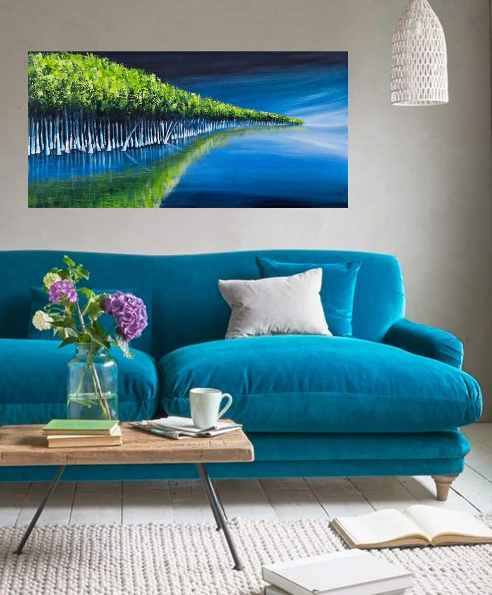 Impressionistic Landscape Acrylic Painting By Danijela Dan, 39 X 20, Spring On The Lake, Original Artwork