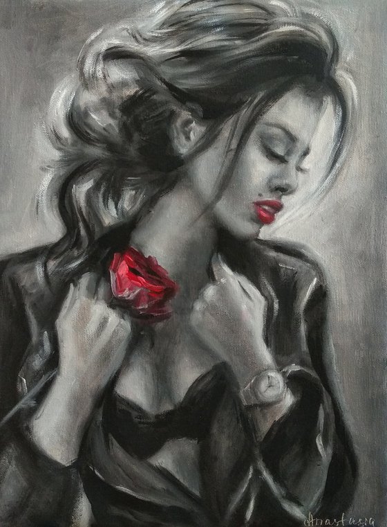 Sexy Woman Portrait Black and White Beautiful Lady with Red rose