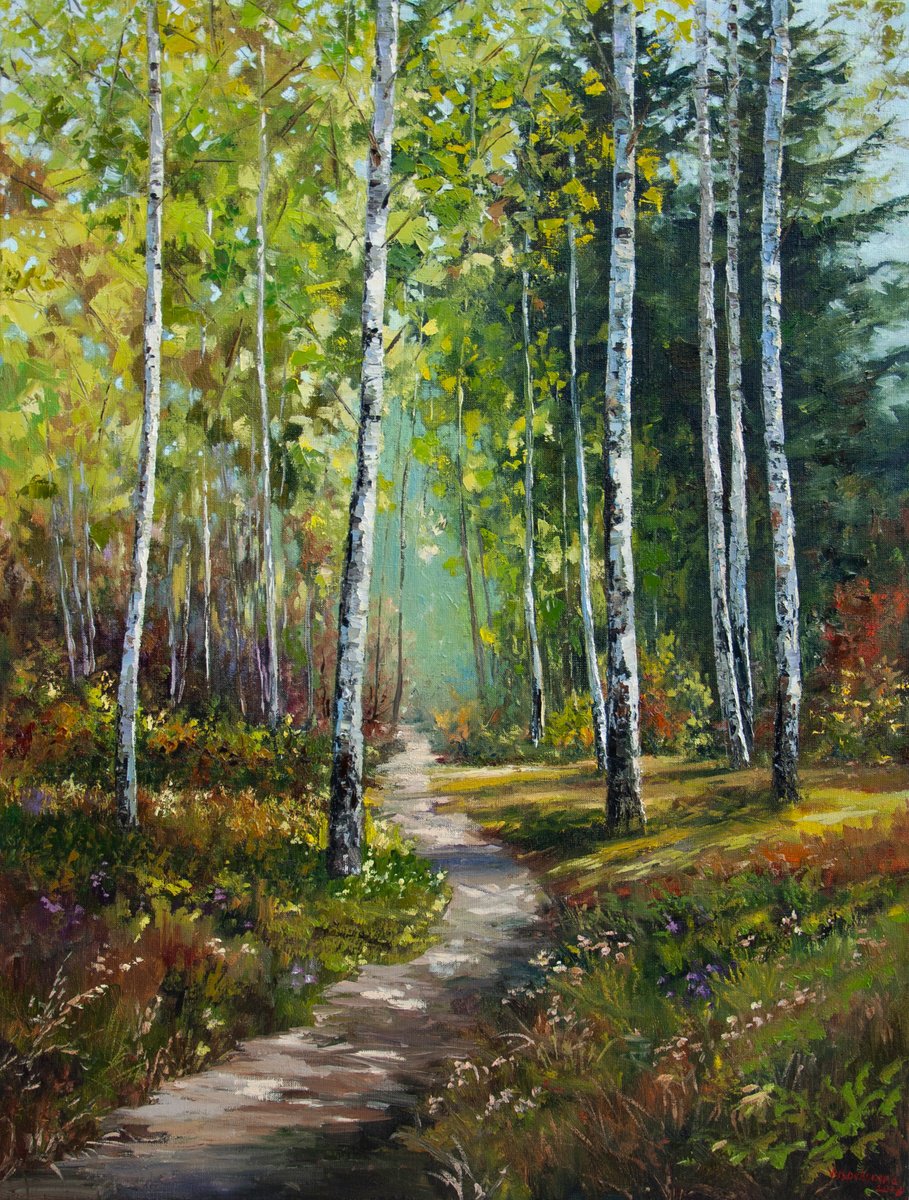 Impressionistic Landscape Oil Painting By Tetiana Vysochynska, 26 X 34", Autumn Forest, Original Artwork