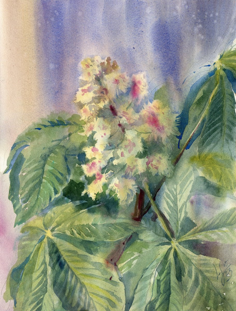 Impressionistic Botanical Watercolour By Svitlana Lagutina, 12 X 16", Blooming Chestnut Branch, Original Artwork