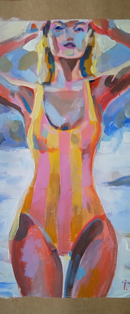 Girl in a Striped Swimsuit On the beach by Iryna Tymkul