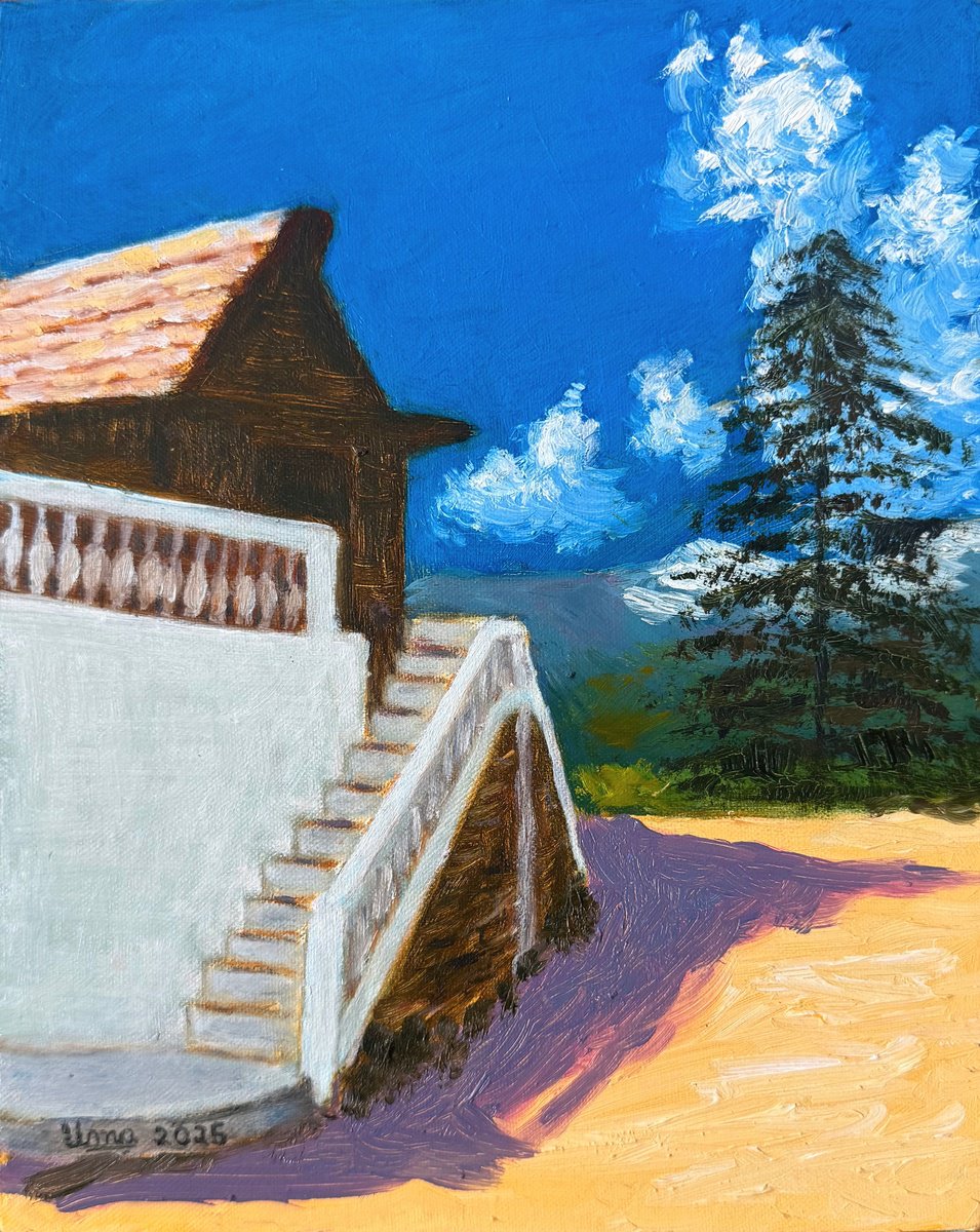 Impressionistic Cityscapes Oil Painting By Uma Krishnamoorthy, 8 X 10", Cottage Up The Stairs, Original Artwork