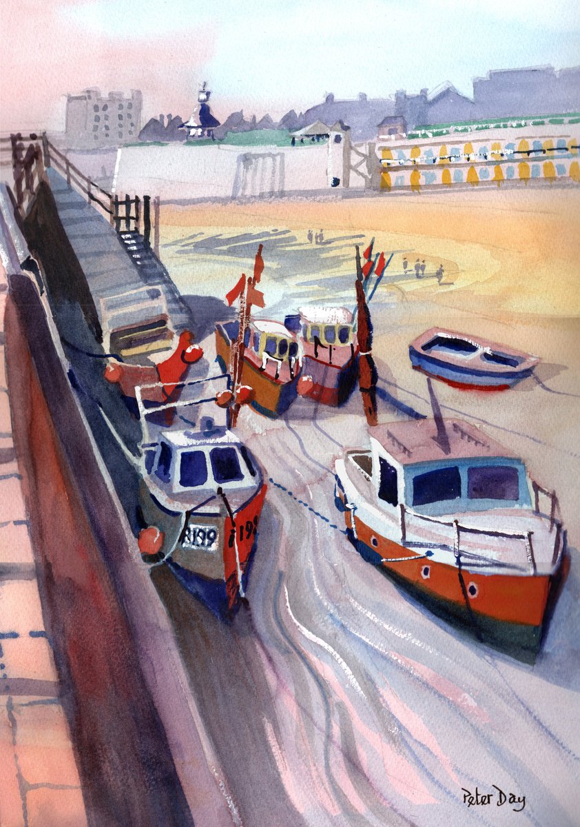 Impressionistic Landscape Watercolour By Peter Day, 13 X 17", Boats, Viking Bay, Broadstairs, Original Artwork