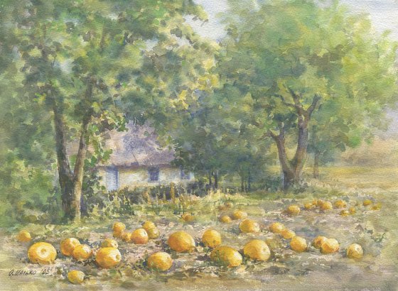 Pumpkins near the old house / ORIGINAL watercolor 15x11in (38x28cm)
