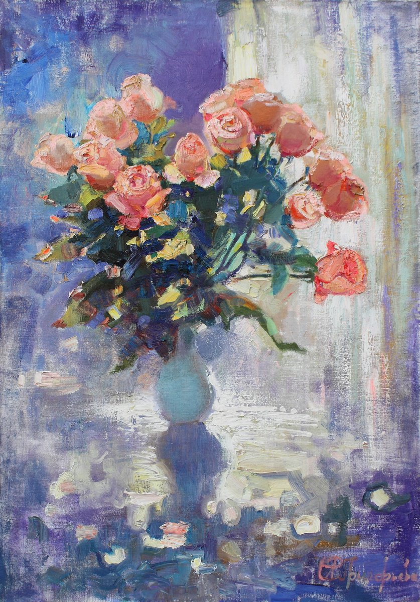 Impressionistic Still Life Oil Painting By Anastasiia Grygorieva, 28 X 39, Roses In April, Original Artwork