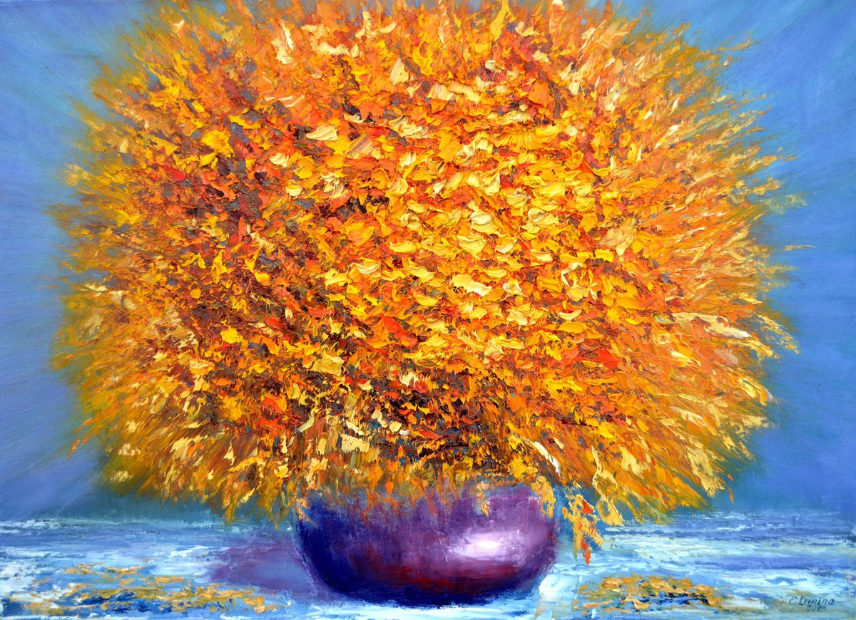 Expressive Still Life Oil Painting By Elena Lukina, 28 X 20, Golden Bouquet, Original Artwork