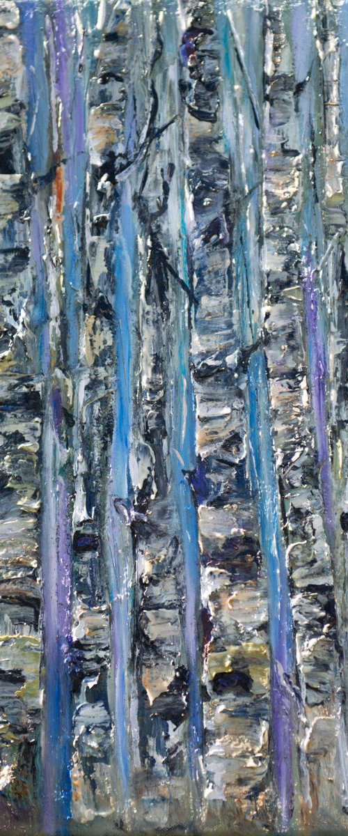 OLena Art Palette Knife Oil Painting Enchanted Forest Abstract of Birch Trees Trunks Artwork Wall Art for Living Room 16" x 20"x 0.5" Inches by Lena Owens at OLena Art