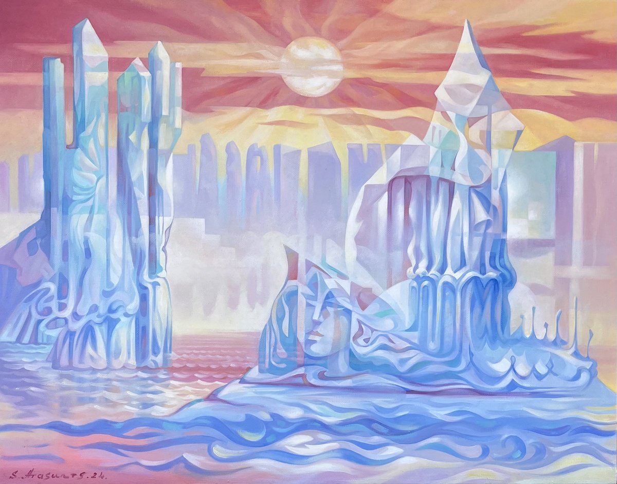 Abstract Landscape Oil Painting By Samvel Atasunc, 35 X 28", Ethereal Ice Towers, Original Artwork