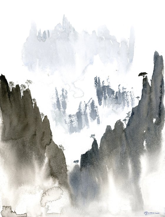 Japanese mountains painting (number 2 ) -  Original Watercolor Painting