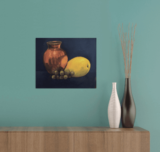 Still life with copper pot and fruits