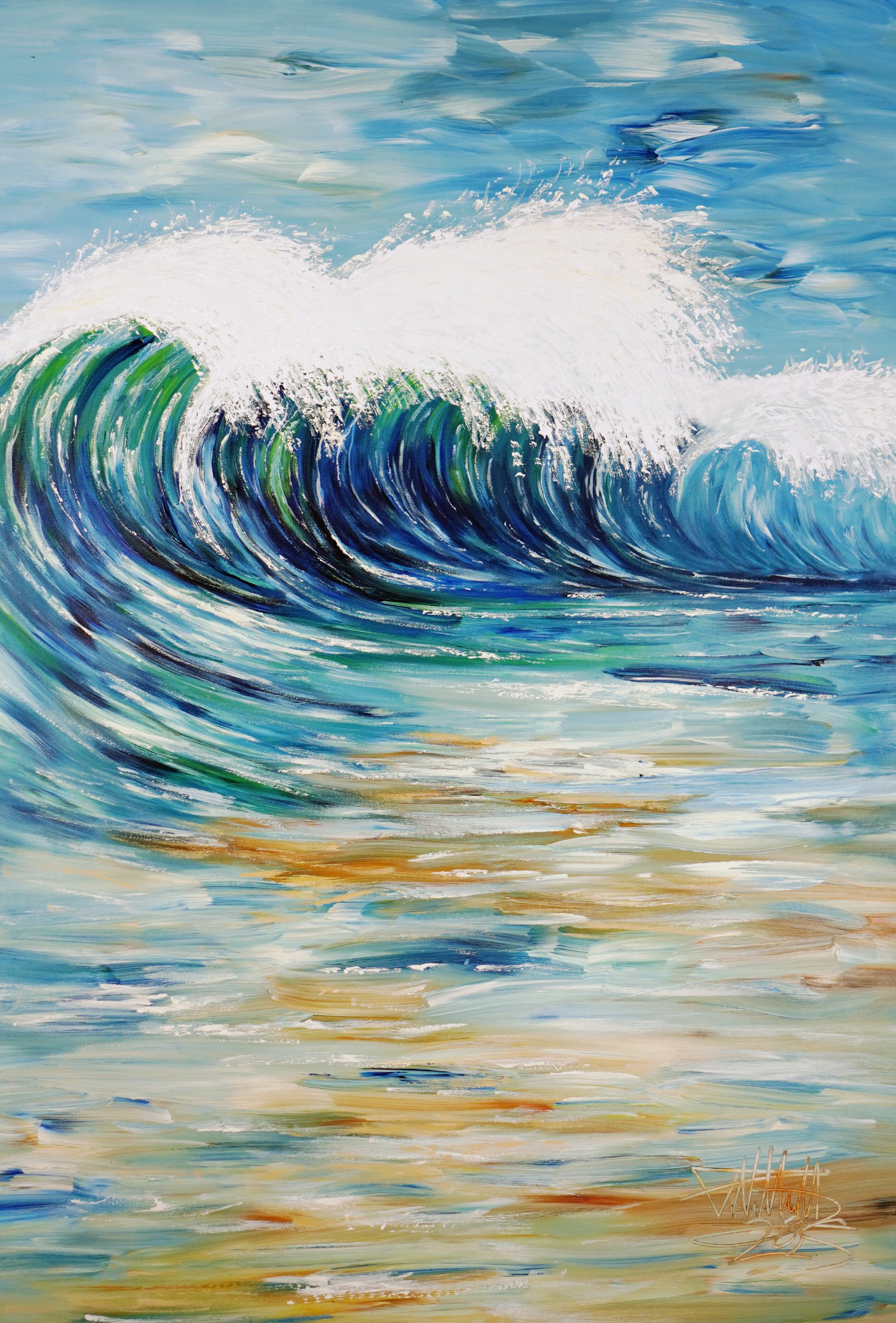 Expressive Landscape Acrylic Painting By Peter Nottrott, 41 X 61", Seascape Breaking Waves D 7, Original Artwork