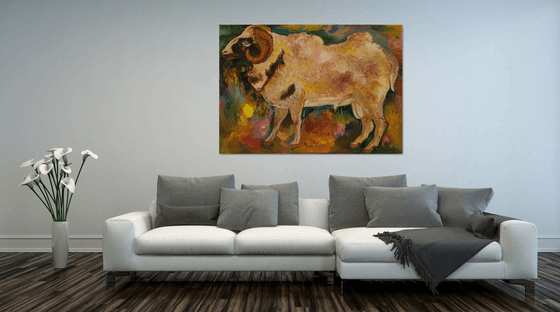 MUGAL RAM - Aries zodiac sign - animal art, original oil painting, large, cheep, fauna