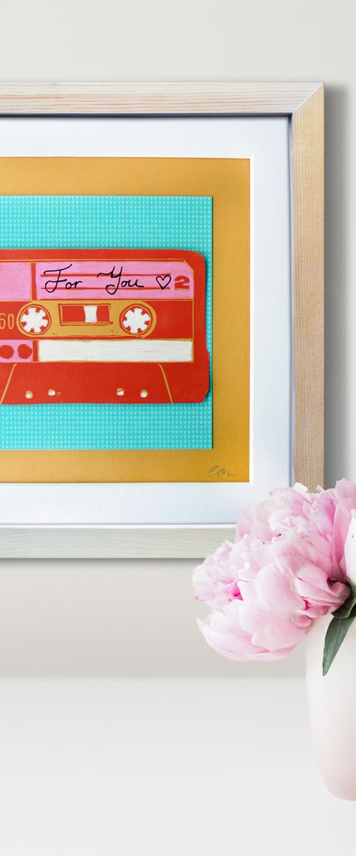 Framed Lino print and collage - Valentines mix tape- For You (lino-print of cassette tape) by Carolynne Coulson