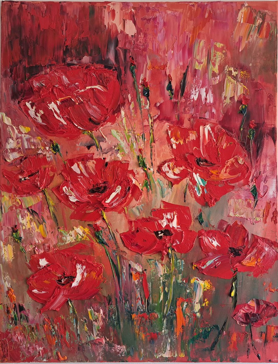 Impressionistic Botanical Oil Painting By Oksana Fedorova, 24 X 31", Poppies At The Red Background, Original Artwork