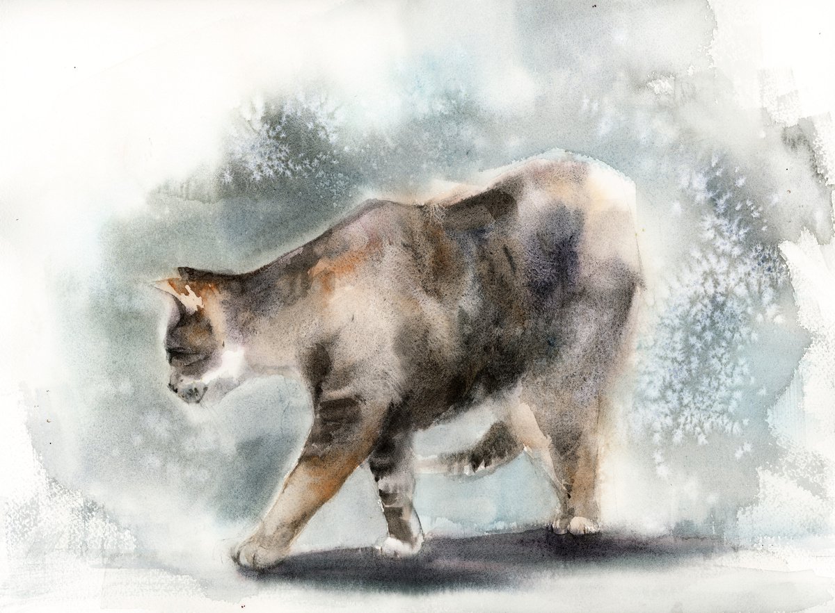 Walking Cat Watercolor Painting by Sophie Rodionov