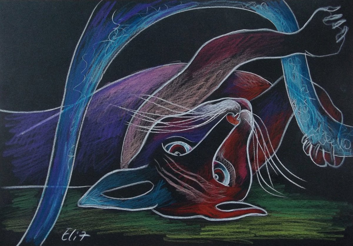 Expressive Animal Pencil Drawing By Elisheva Nesis, 9 X 13, Exercises With Ribbon, Original Artwork