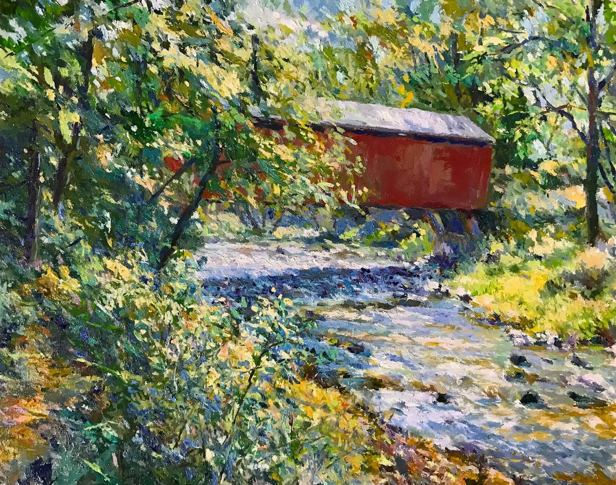 Impressionistic Landscape Oil Painting By Steven Hagy, 20 X 16", Summer Jericho Covered Bridge, Original Artwork