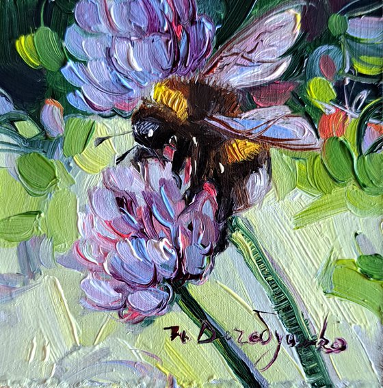 Bumblebee painting original 3x3, Bumble bee art tiny oil painting yellow green, Small framed art gift for girlfriend