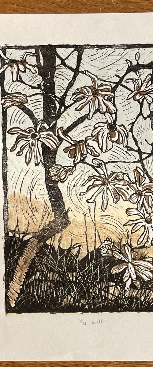 The Melt - Magnolia Blossom Contemporary Linocut Print by C Staunton