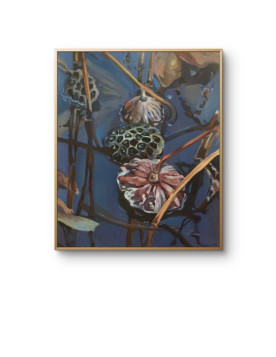 Lotus pond.Winter.Oil painting