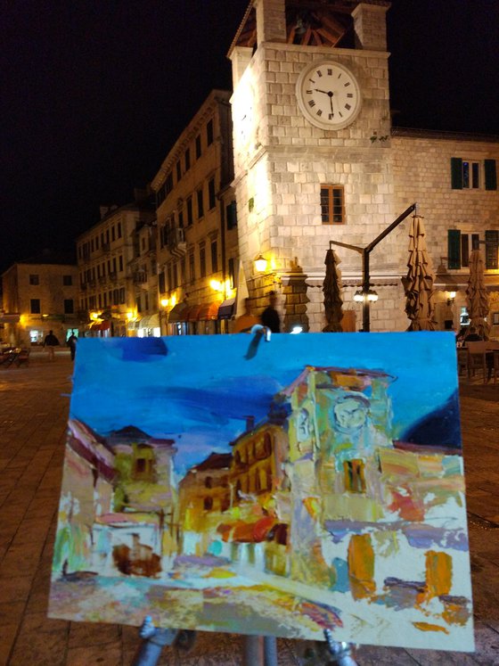 Evening city of Kotor . Montenegro . Original plein air oil painting .