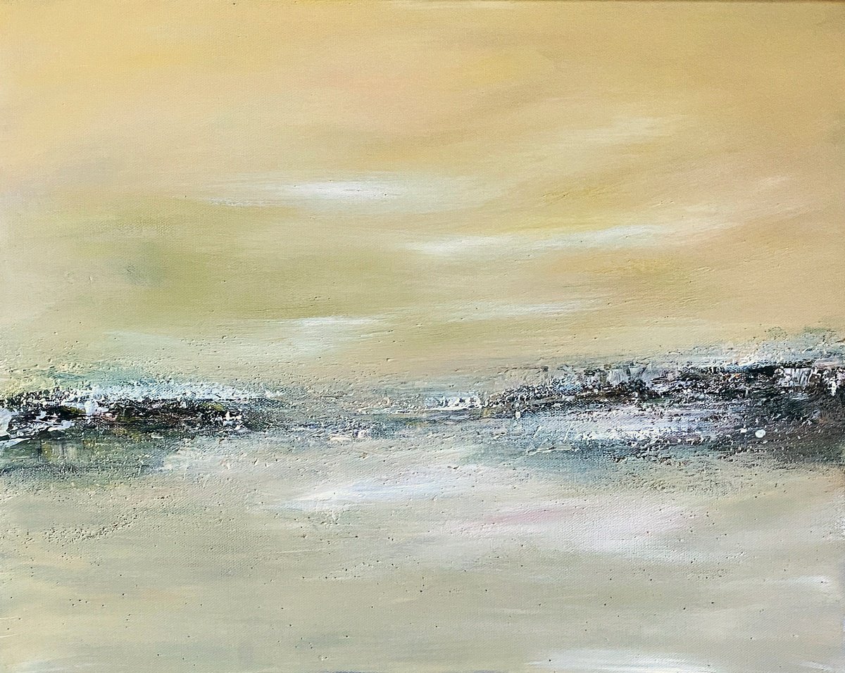 Expressive Landscape Acrylic Painting By Arti Chauhan, 20 X 16, Abstract Hazy Yellow Shore, Original Artwork