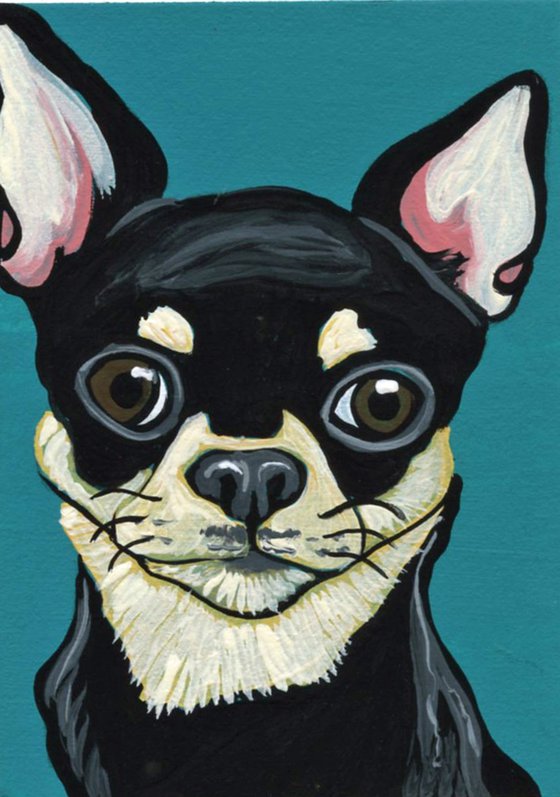 ACEO ATC Original Miniature Painting Black and Tan Chihuahua Pet Dog Art-Carla Smale