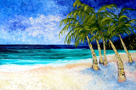 Palm trees beach ocean warm sand Original oil painting on canvas