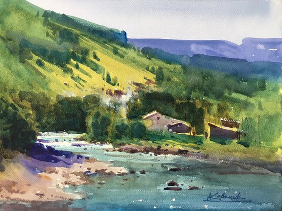 Summer landscape painting with river