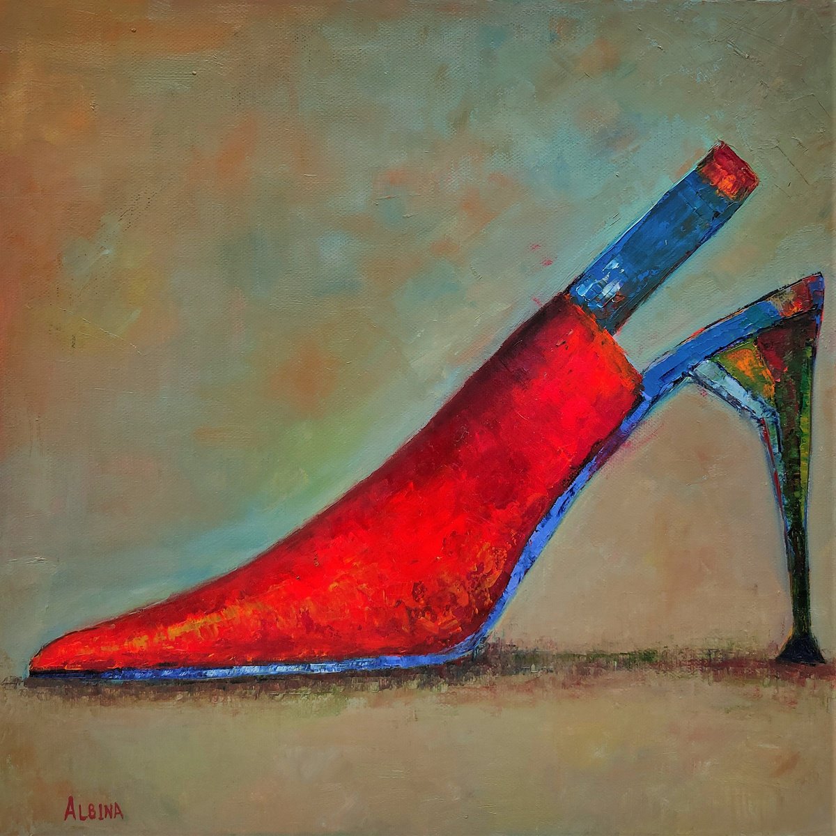 Impressionistic Abstract Oil Painting By Albina Urbanek, 16 X 16, The Red Pump, Original Artwork