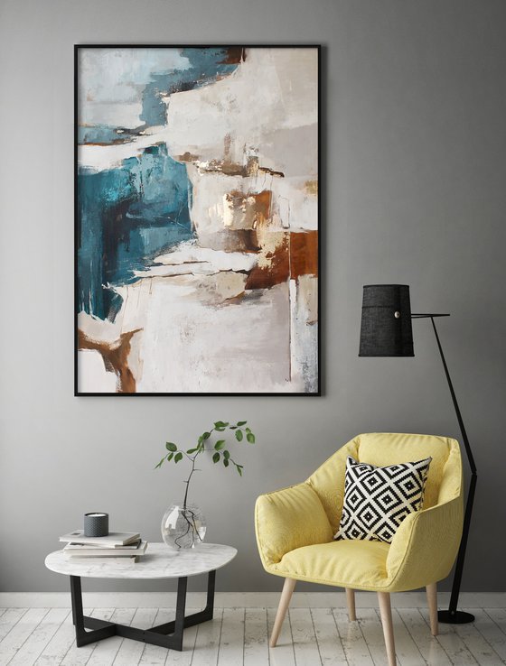 "Flow 3" Blue and gold abstract acrylic art