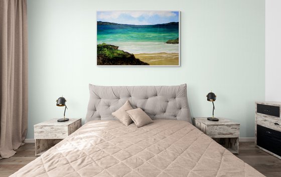 Seascape panorama warm bay. EXTRA LARGE OIL PAINTING