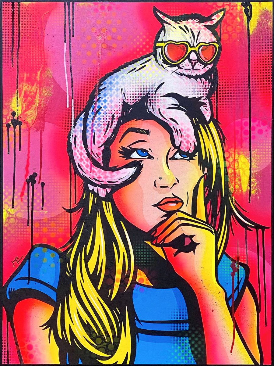 Urban And Pop Acrylic Painting , Cat On A Hot Blonde Head By Jamie Lee, 24 X 31, Artwork For Sale On Artfinder