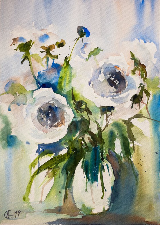 White peonies. Original Watercolor. Small painting budget blue green abstract