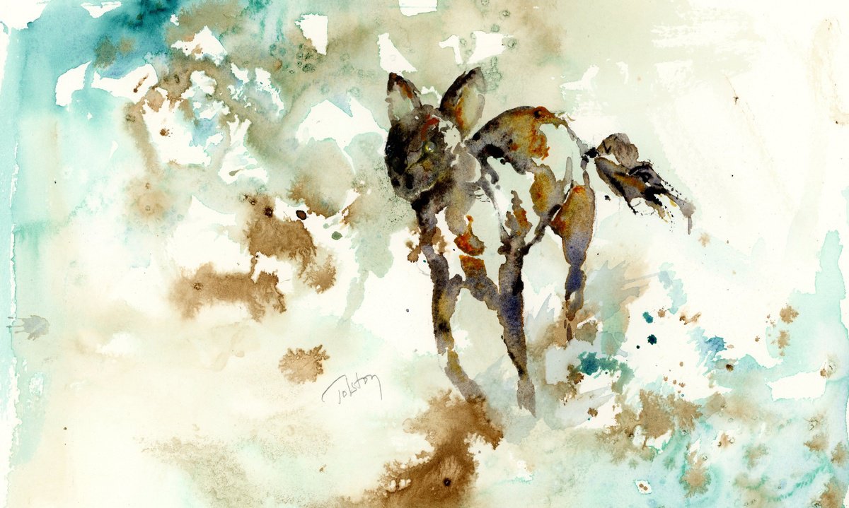 Impressionistic Animal Watercolour By Alex Tolstoy, 14 X 9, Running After, Original Artwork