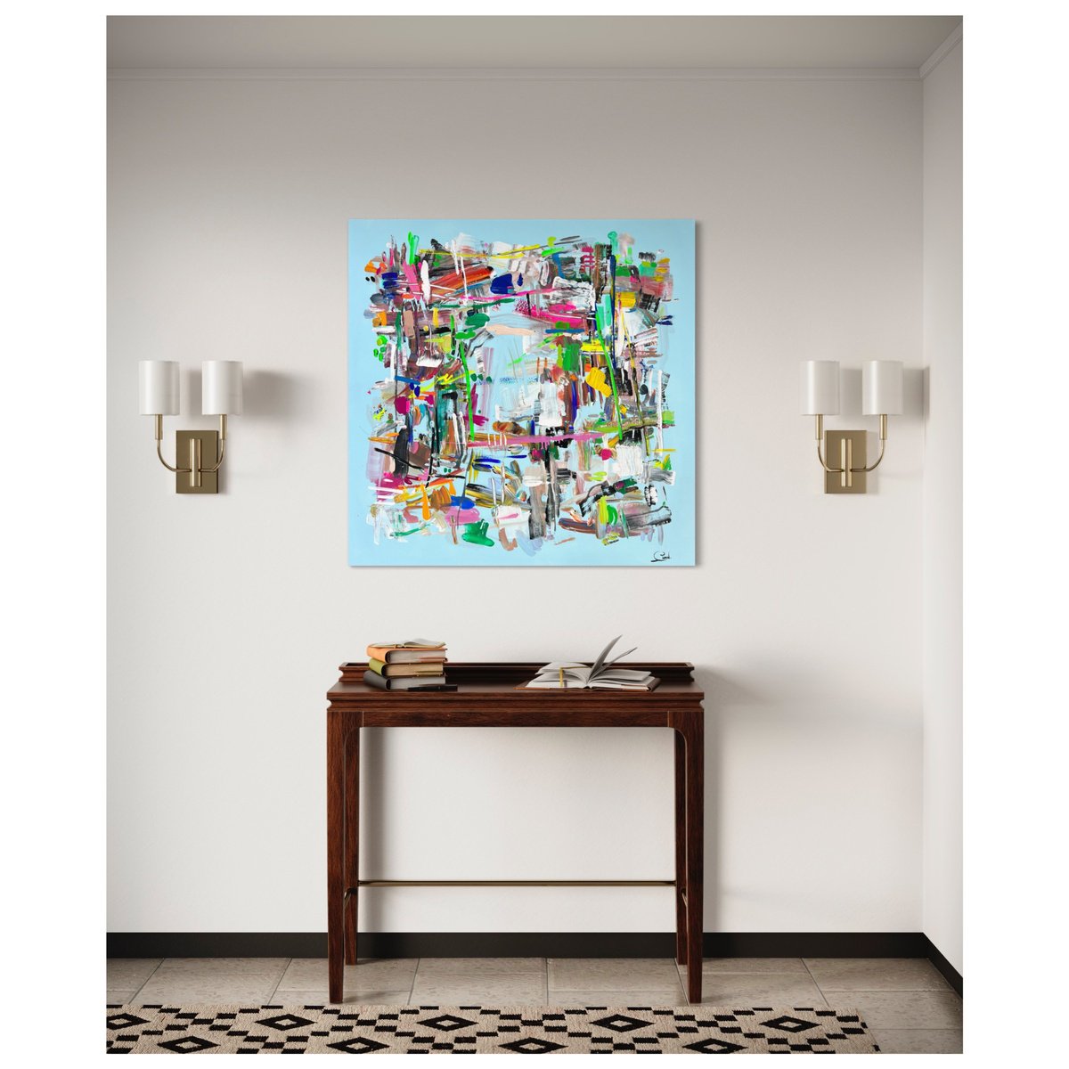 Expressive Abstract Acrylic Painting By Maria Esmar, 39 X 39", Sunny Morning, Original Artwork